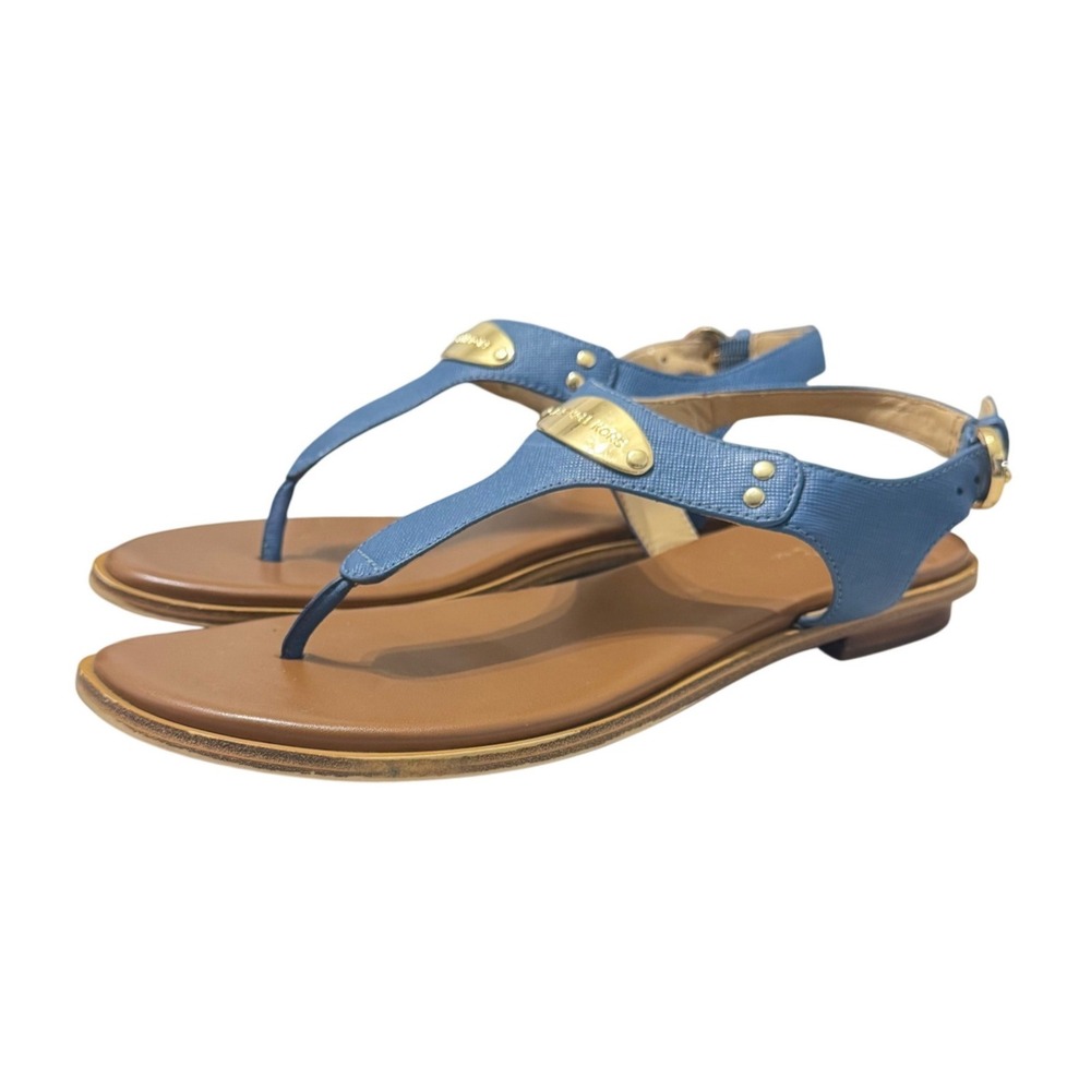 Michael Kors Plate Thong Sandals Women 6M Blue Saffiano Leather Flat Logo
